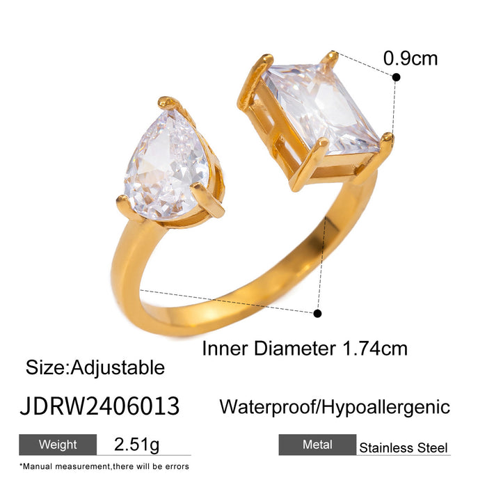 18K Gold Stainless Steel Open Zircon Ring - European and American Style