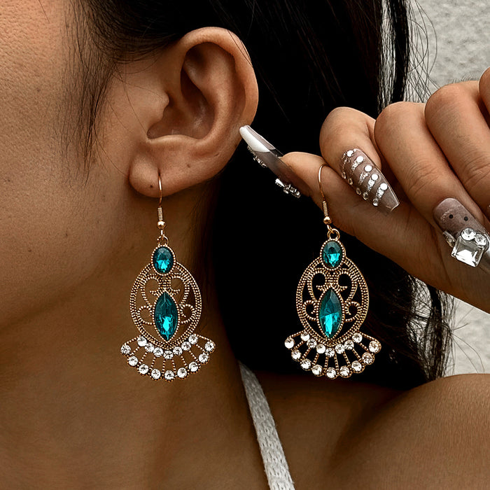 Retro ethnic style diamond tassel earrings fashionable carved geometric hollow earrings