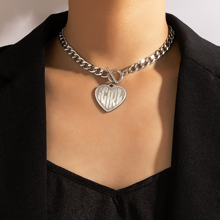 Punk Thick Chain Heart Pendant Necklace - Heavy Metal Single Layer