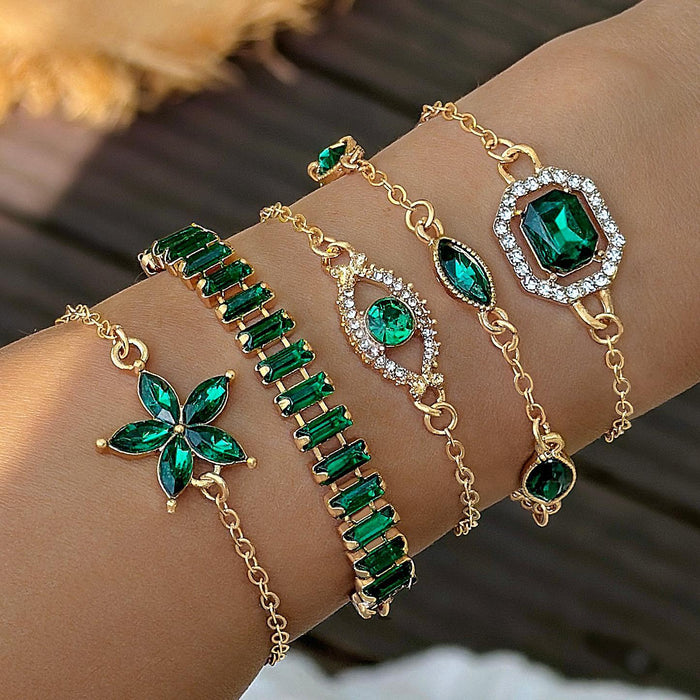 Luxe Emerald Rhinestone Flower Bracelet Set with Eye Design - Five Pieces