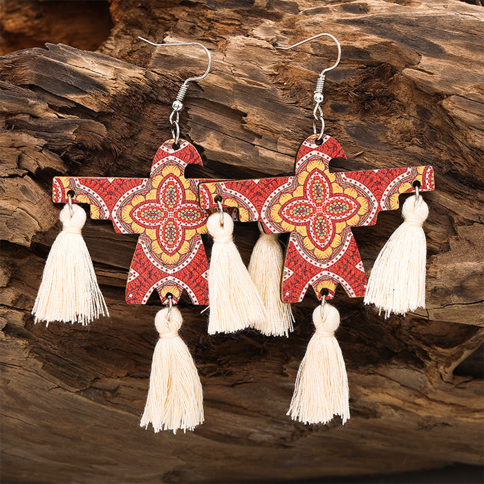 Bohemian Western Thunderbird Tassel Earrings with Cow Print and Wooden Design