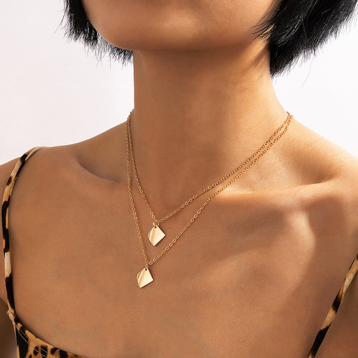 Alloy Square Pendant Double-Layer Necklace - Geometric Rhombus Multilayer Choker