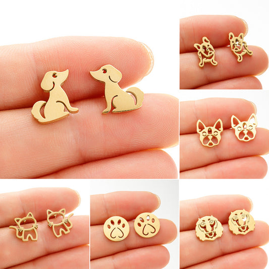 Zodiac dog earrings, European and American new stainless steel simple small animal pug earrings ins spot wholesale