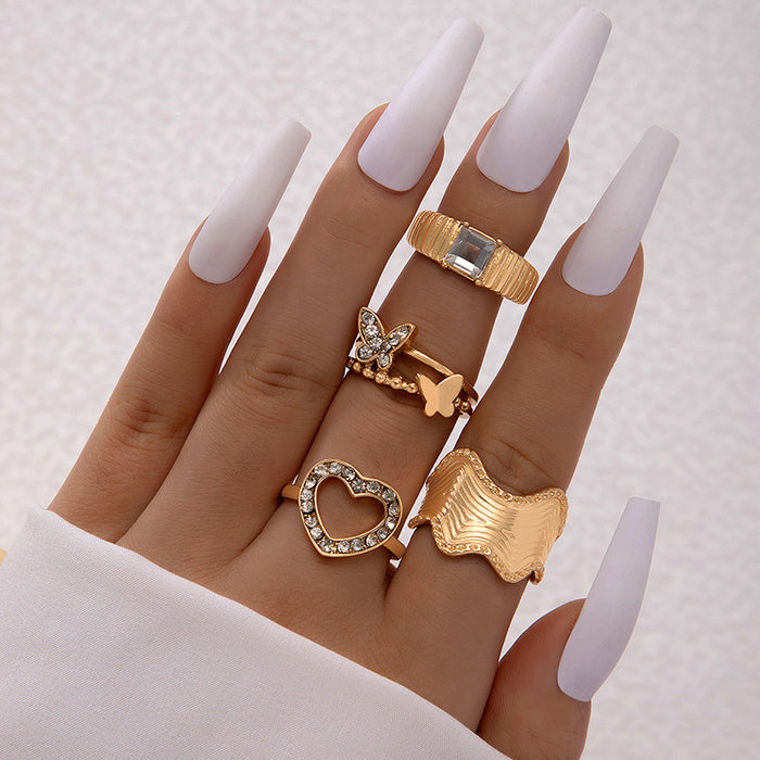 Geometric diamond five-pointed star lips heart four-piece ring set