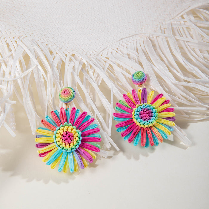 Colorful sunflower raffia earrings beach braided flower earrings