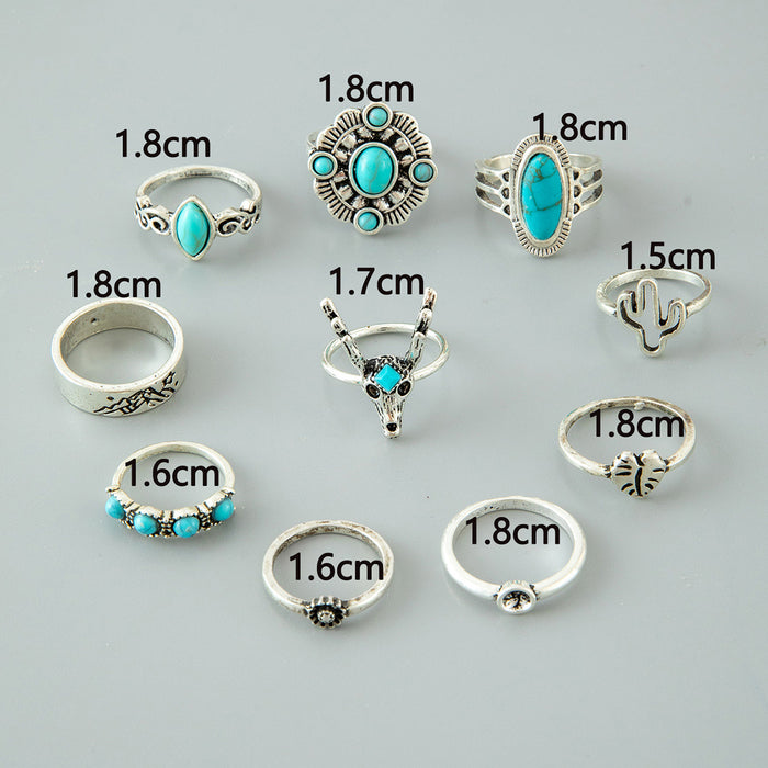 Turquoise Cactus Heart Rings - 10pcs Set