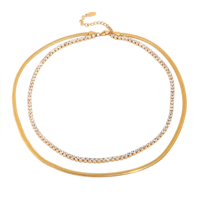 18K Gold-Plated Stainless Steel Double Layer Snake Chain Necklace with Shimmering White Zircon - Non-Fading Jewelry