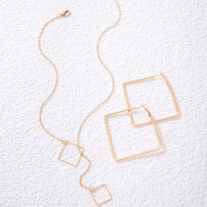 Rhombus Pendant Necklace and Earring Set with Geometric Alloy Design