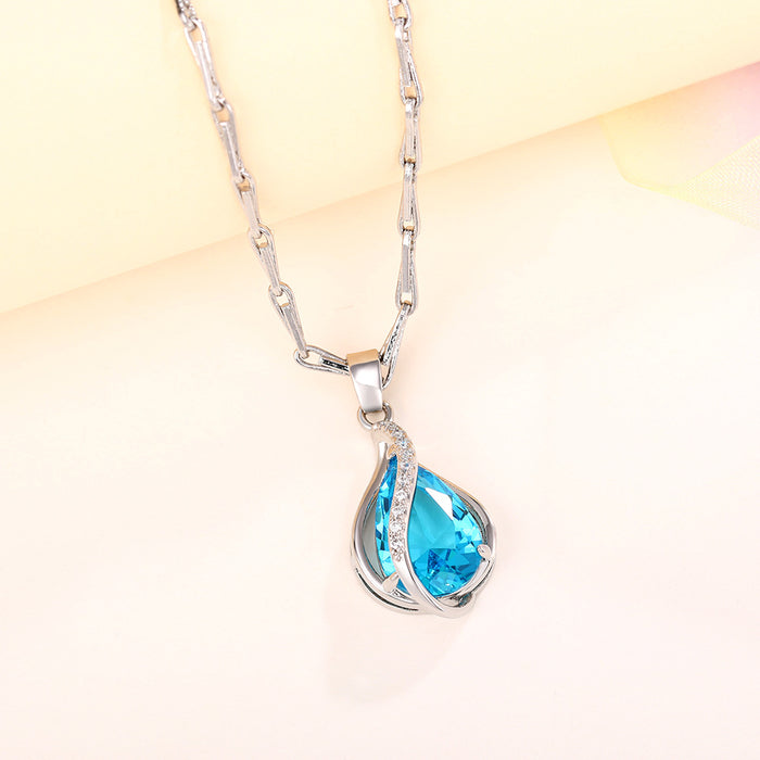 Sea blue heart teardrop zircon pendant, pear-shaped women's clavicle necklace