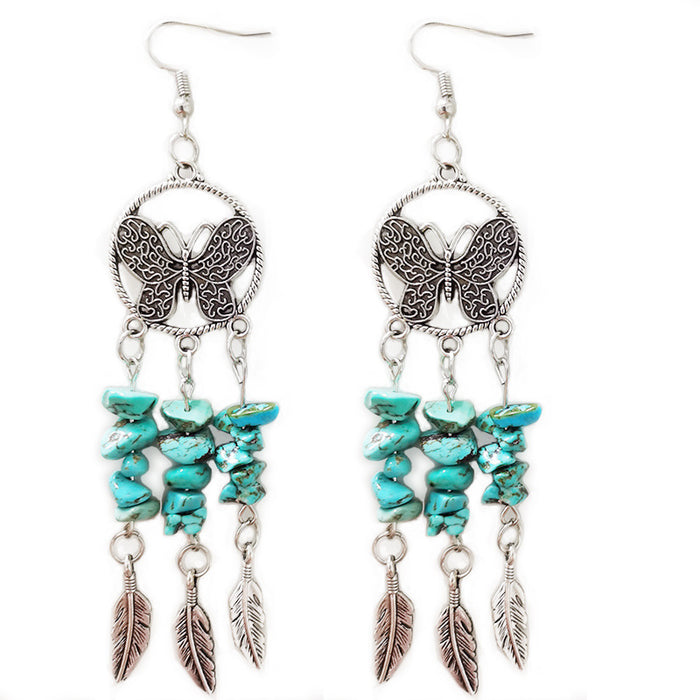 Antique Silver Plated Feather Earrings with Stone and Bohemian Ethnic Style