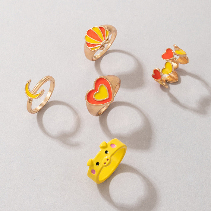 Scallop double-layer love moon pig oil drop 5-piece ring