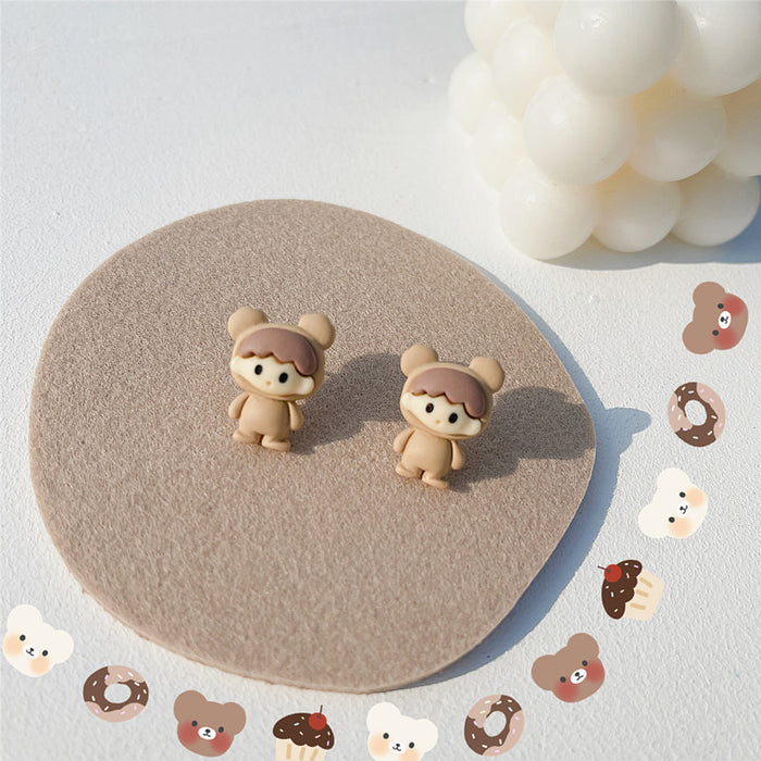 Cartoon rabbit bear earrings S925 silver needle soft cute earrings