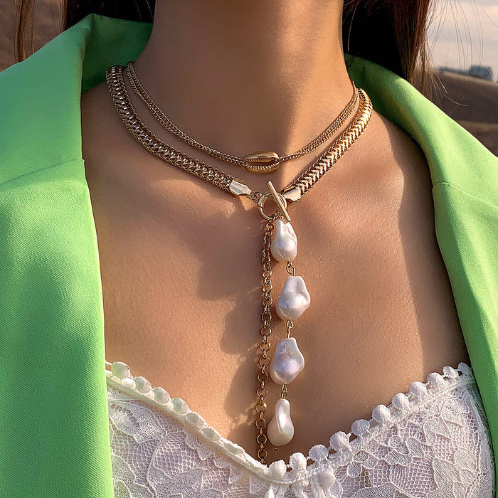 Baroque Pearl Tassel Necklace with Bold Chain Design