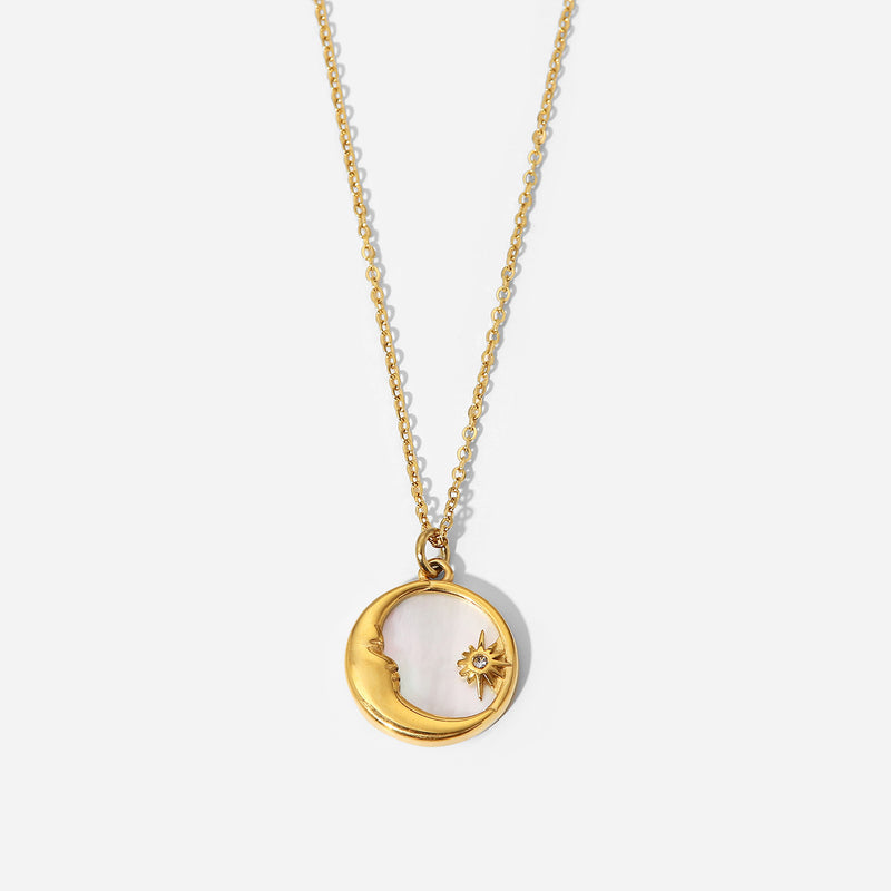 Collar de acero de titanio bañado en oro de 18 quilates de estilo francés: colgante de estrella y luna de nácar
