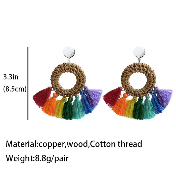 Handmade Woven Rainbow Tassel Earrings with Summer Vacation Style