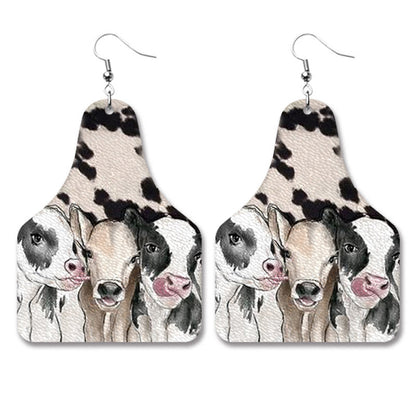 Farm Animal PU Leather Earrings with Cow Tag Design