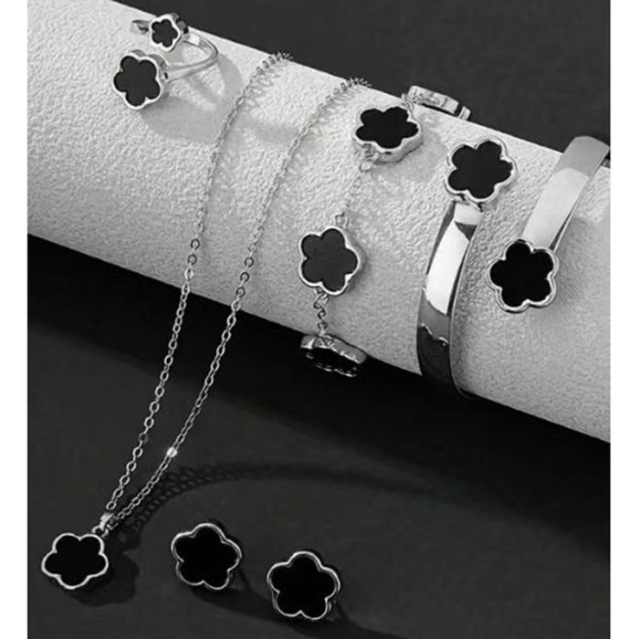 Wholesale 5-piece set of five-petal flower necklace, bracelet, bangle, earrings, and ring - wallojewerly 