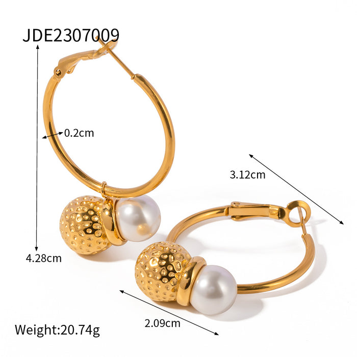 European 18K Gold Stainless Steel Hammered Pearl Ball Earrings - High-End Titanium Steel Jewelry