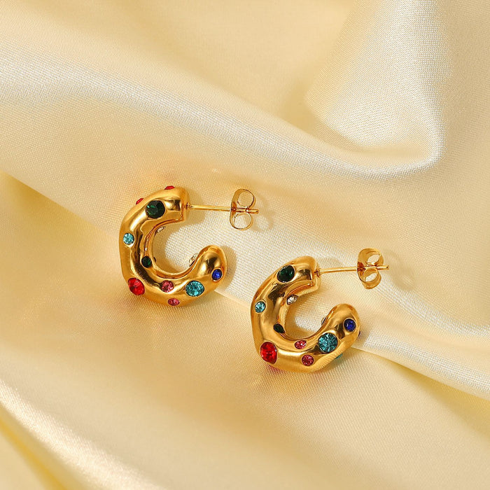 18K Gold Zircon Stud Earrings - Hammered C-Shaped Design Jewelry