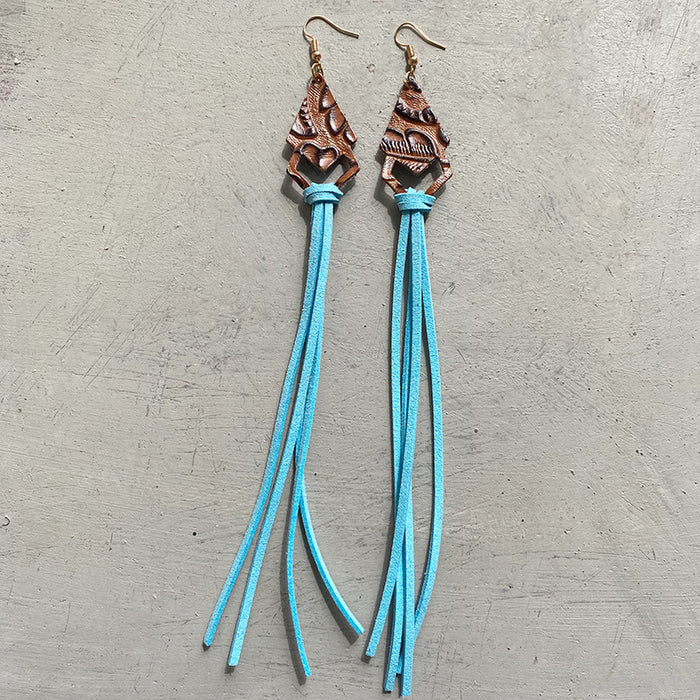 Western Style Simple Crazy Horse Leather Earrings with Turquoise Stone