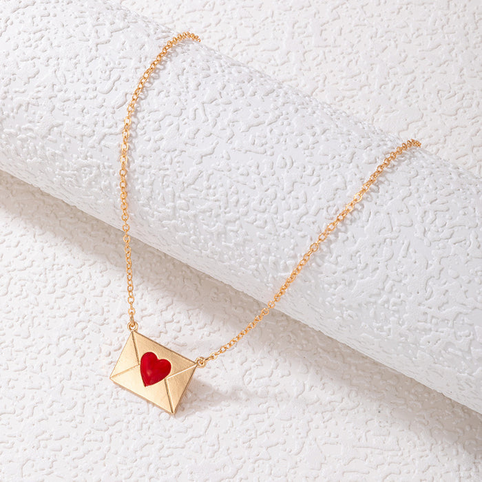 Red Heart Envelope Pendant Necklace with Geometric Love Design