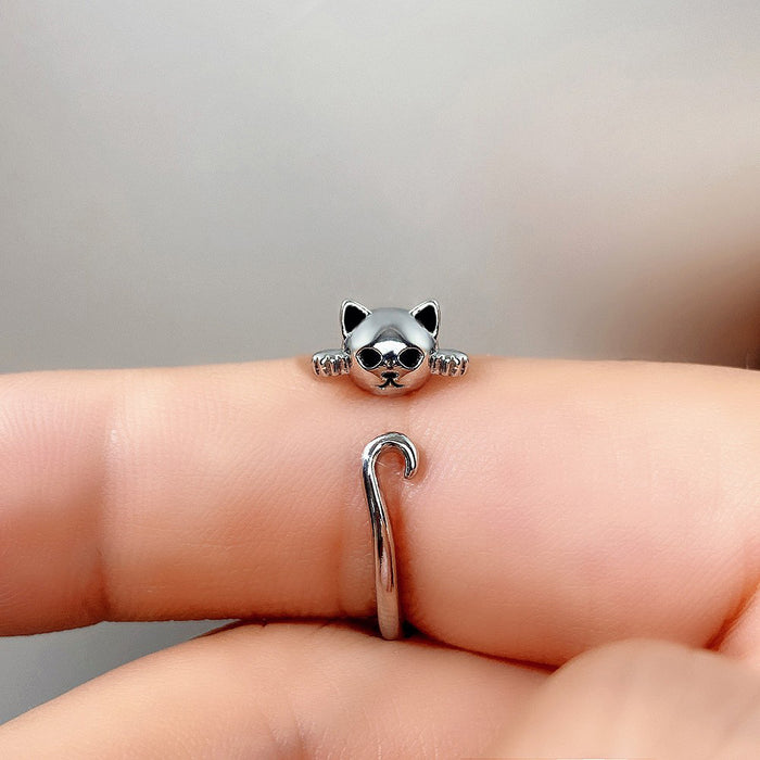 Lindo anillo abierto con forma de gato, estilo animal juguetón para estudiantes y mujeres