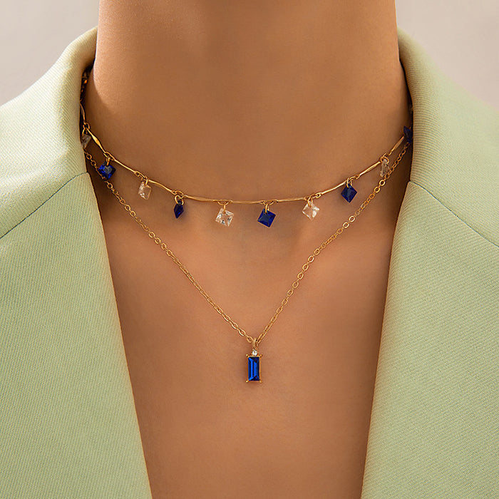 Simple Colorful Rhinestone Tassel Necklace with Sapphire Pendant