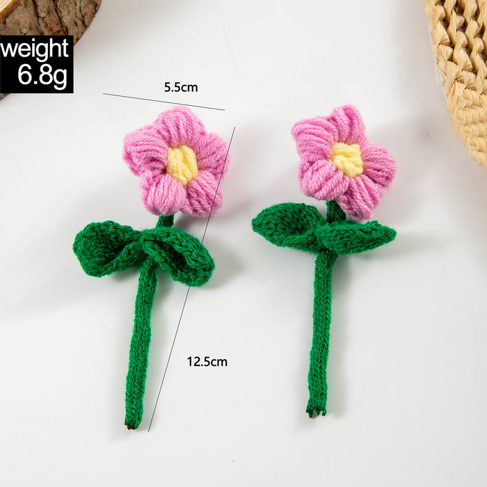 Pendientes de flores de hojaldre tejidos a mano en crochet Pendientes de flores de lana de colores dulces