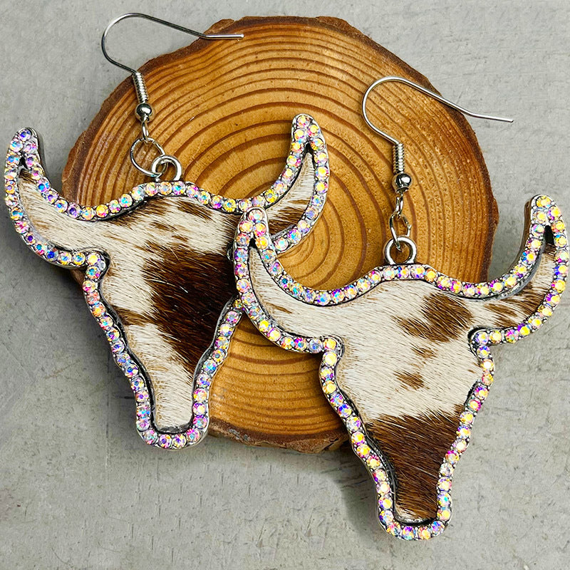 Rhinestone Leather Earrings with Bullhead and Long Hair Design - wallojewerly 