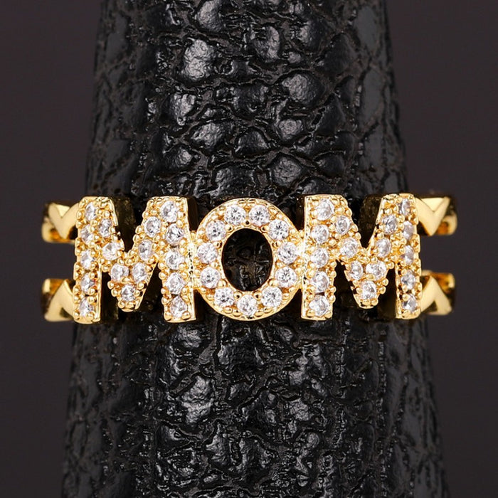 Pave inlaid MOM ring, Mother's Day open adjustable ring