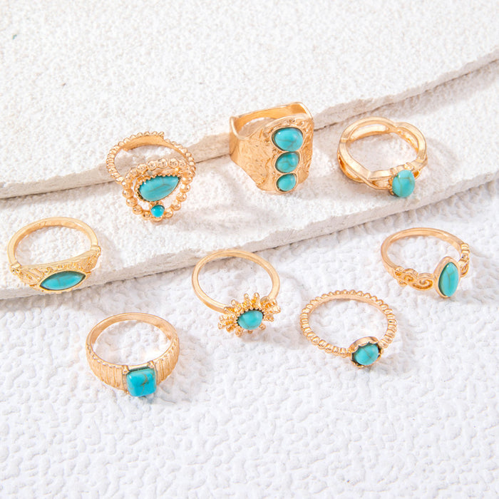 Oval Turquoise Geometric Rings - 8pcs Set