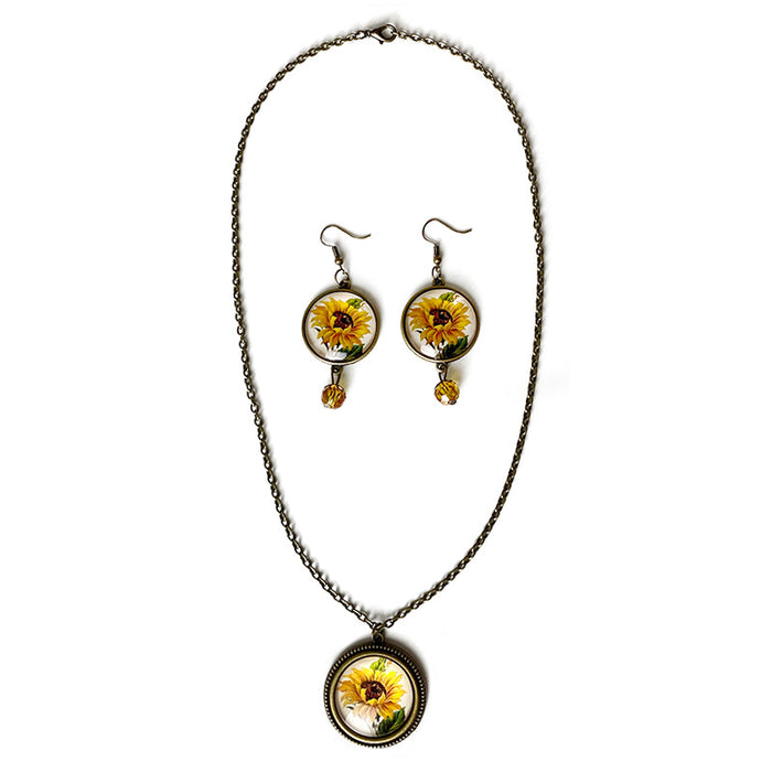 Vintage Sunflower Jewelry Set with Time Gemstone Necklace and Earrings - Bohemian Style