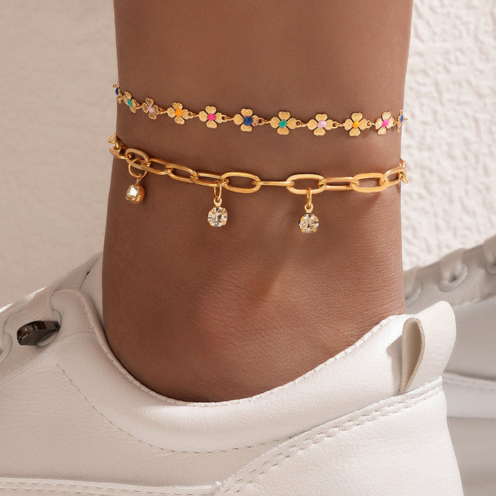 Colorful Enamel Flower Double-Layer Anklet with Crystal Chain Design