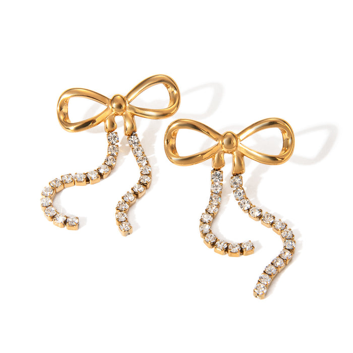 18K Gold Plated Stainless Steel Bow Earrings - Stylish Design with Double Zircon Chains