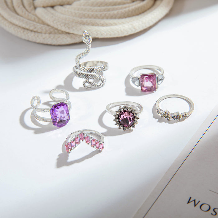 Purple Luxe Snake-Inspired Faux Gemstone Diamond Ring Set – Elegant Geometric Open Rings, 6-Piece Collection