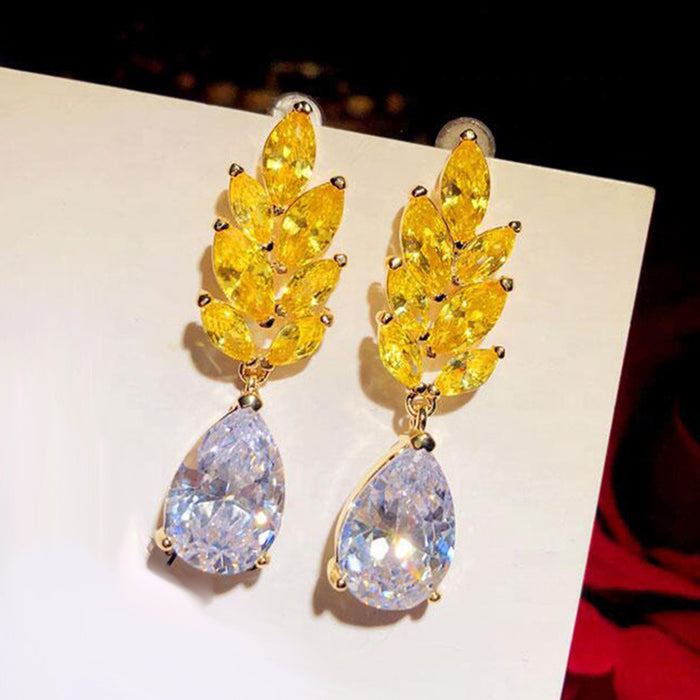 Golden wheat ear teardrop zircon earrings for women