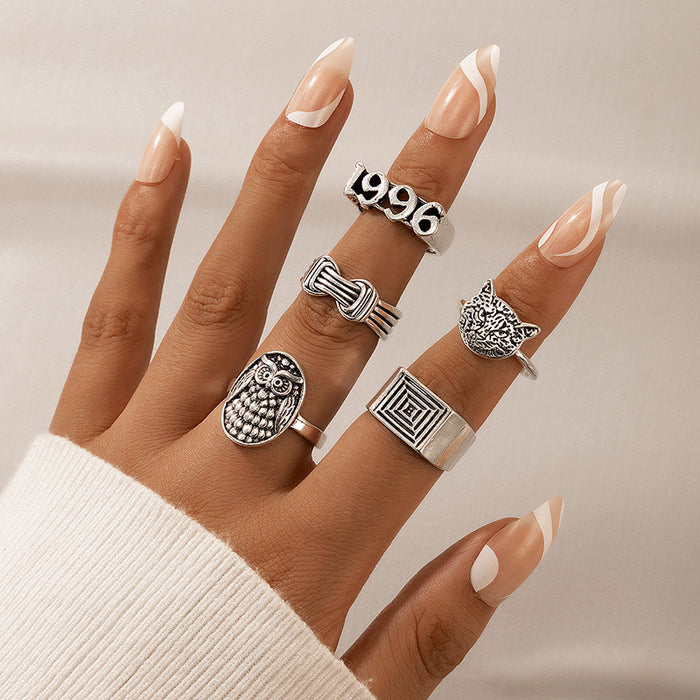 Retro Animal Hip Hop Number Ring 5-Piece Set