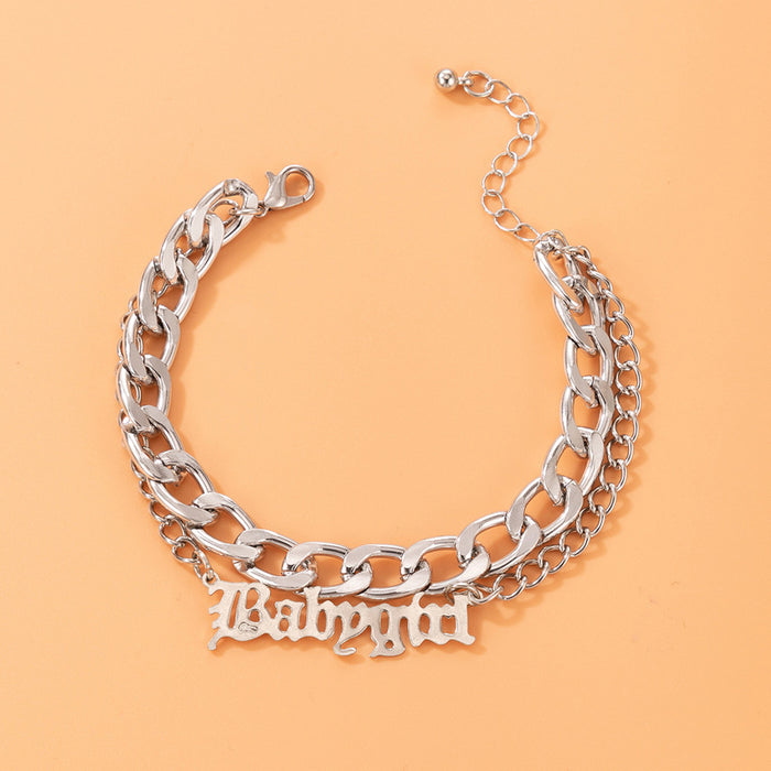 Double-Layer Letter Chain Anklet with Geometric Heavy Metal Design