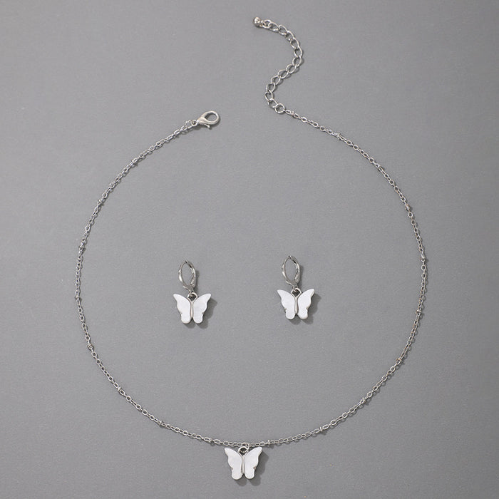 White Butterfly Pendant Necklace and Earring Set - Simple Acrylic Japanese Style