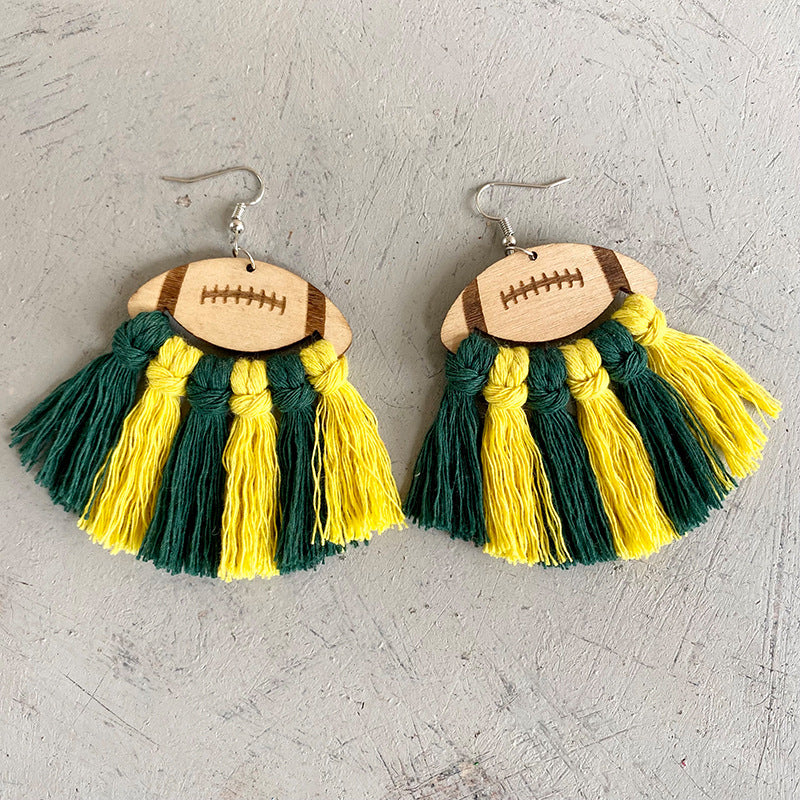 American Football Cheerleader Themed Woven Tassel Wooden Earrings for a Unique Stylish Look