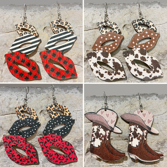 Valentine's Day Earrings with Lips, Patchwork Western Cowboy Boots, and Leopard Print