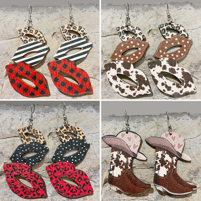 Valentine's Day Earrings with Lips, Patchwork Western Cowboy Boots, and Leopard Print