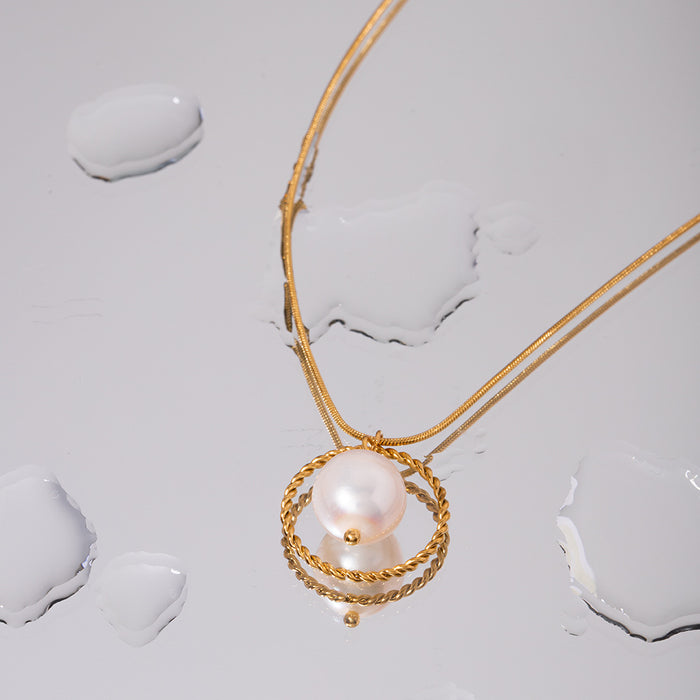 European INS-Style Cross-Border 18K Gold Stainless Steel Freshwater Pearl Pendant Snake Chain - Non-Fading Unique Design