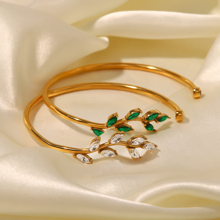 Fashionable Titanium Steel Bracelet - 18K Gold Plated Green Zircon Leaf Open Jewelry for Women