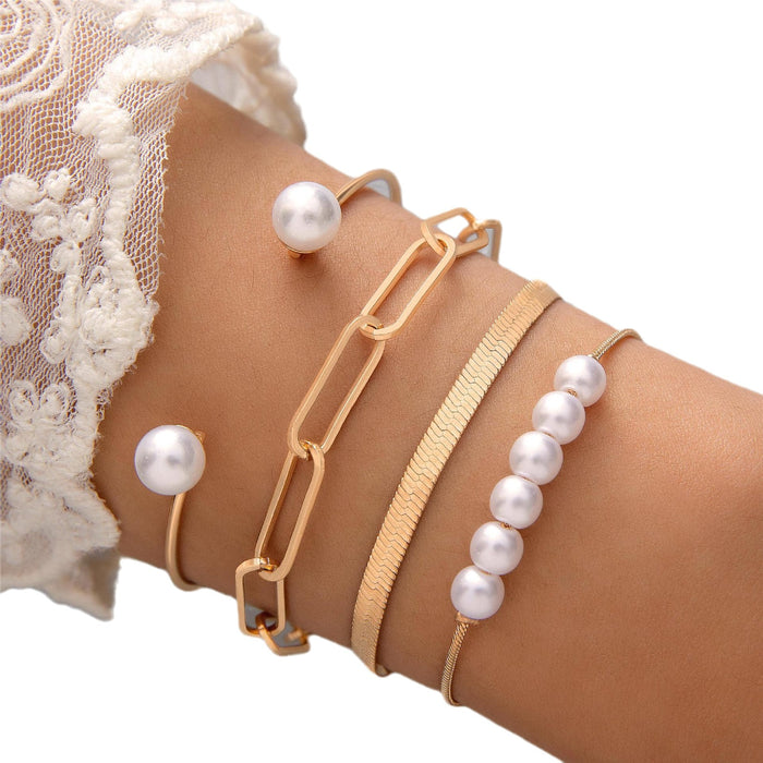 European Minimalist Faux Pearl Open Cuff Bracelet Set - Geometric Metal Beaded Jewelry