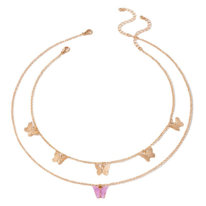 Butterfly Double-Layer Necklace - Alloy Animal Round Piece Multilayer Choker