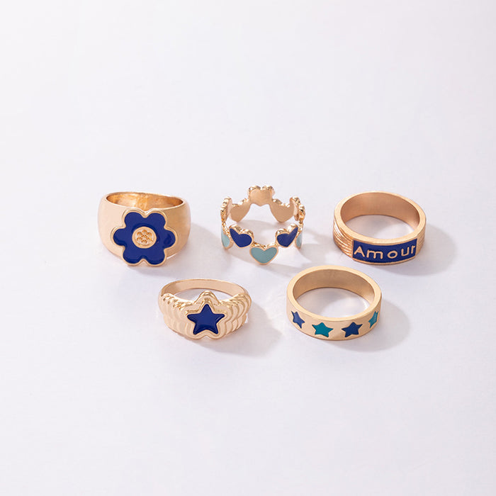 Blue oil drop flower heart ring 5-piece set