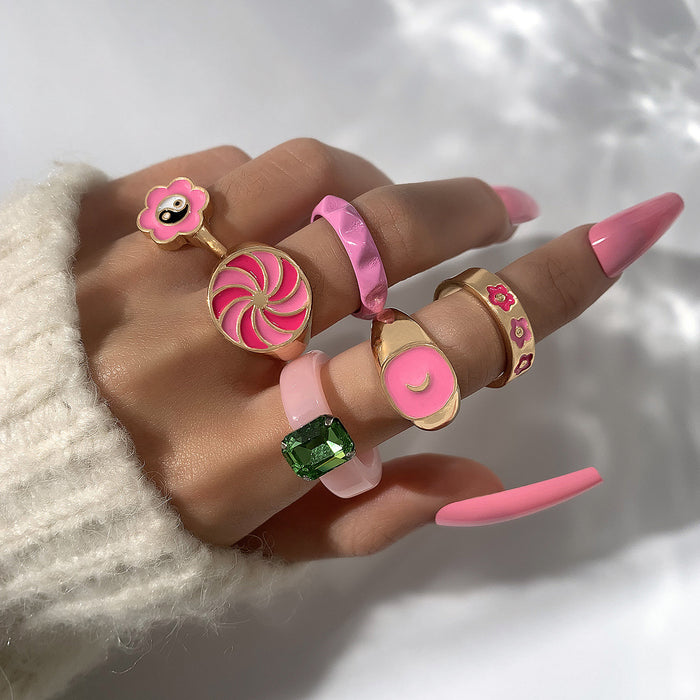 Macaron Acrylic Flower Colorblock 6-Piece Ring Set