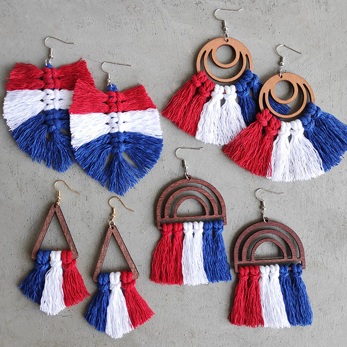 Independence Day Handwoven Tassel Earrings with Hollow Rainbow Wooden Design