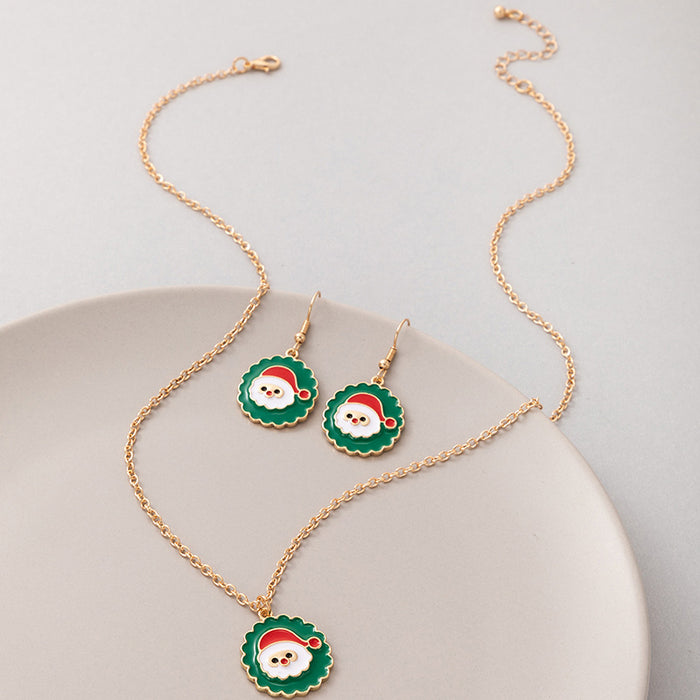 Christmas Santa Claus Pendant Jewelry Set - Geometric Necklace and Earring Set